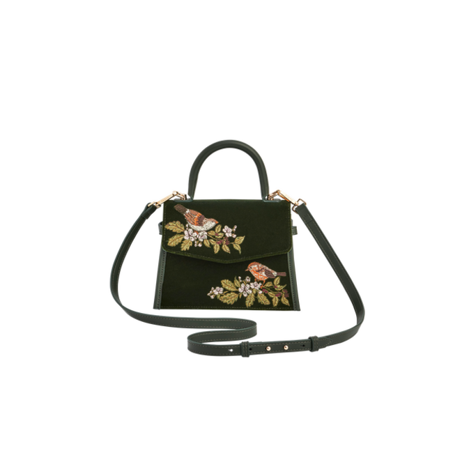 Fable England Eliza Wren Embroidered Top Handle Bag in Green Velvet