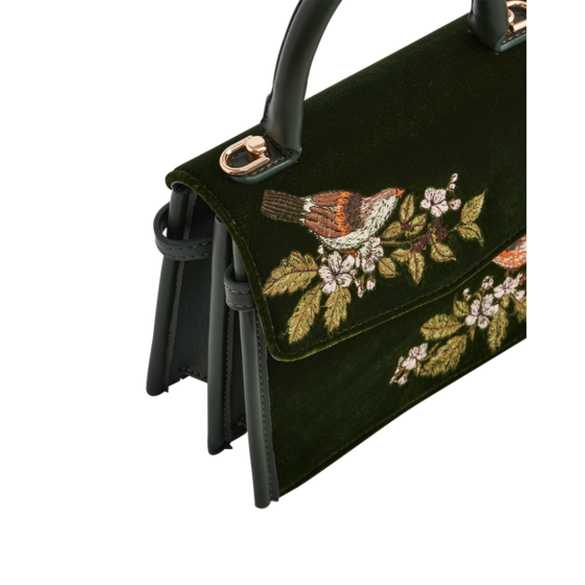 Fable England Eliza Wren Embroidered Top Handle Bag in Green Velvet