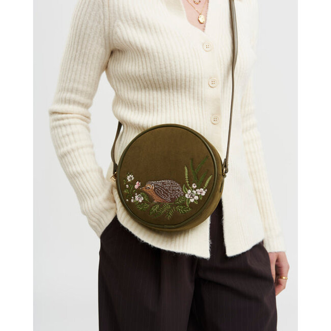 Fable England Chloe Hedgehog Embroidered Circle Bag in Khaki Suede