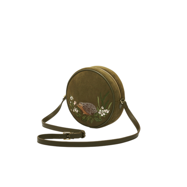 Fable England Chloe Hedgehog Embroidered Circle Bag in Khaki Suede