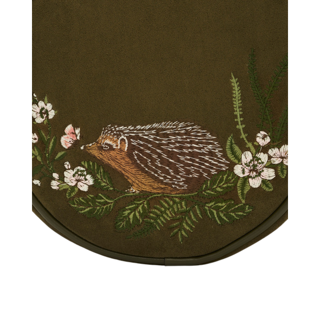 Fable England Chloe Hedgehog Embroidered Circle Bag in Khaki Suede