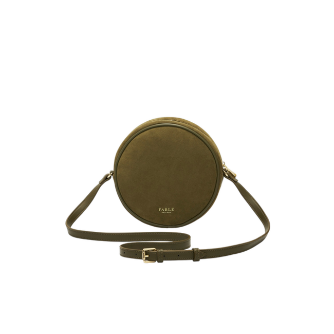 Fable England Chloe Hedgehog Embroidered Circle Bag in Khaki Suede
