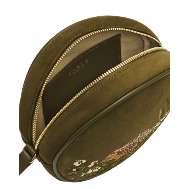 Fable England Chloe Hedgehog Embroidered Circle Bag in Khaki Suede
