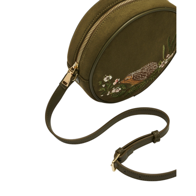 Fable England Chloe Hedgehog Embroidered Circle Bag in Khaki Suede