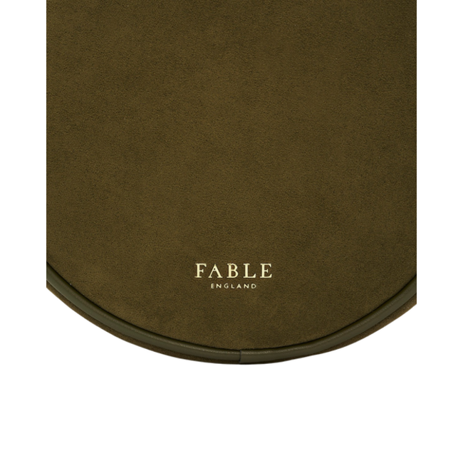 Fable England Chloe Hedgehog Embroidered Circle Bag in Khaki Suede