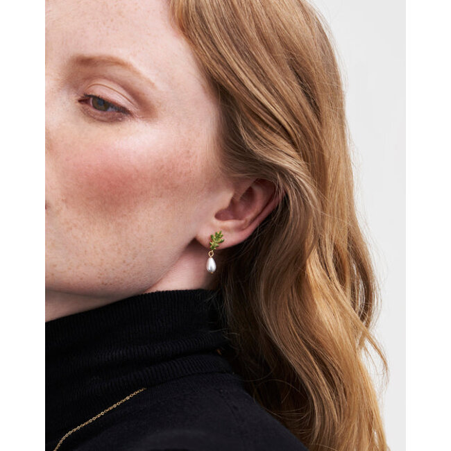 Fable England Oak Leaf Pearl Drop Gold Earrings
