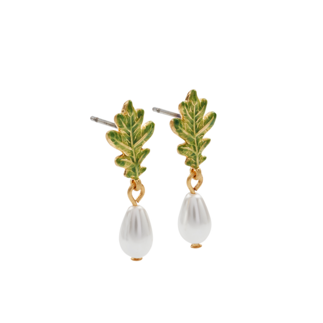 Fable England Oak Leaf Pearl Drop Gold Earrings