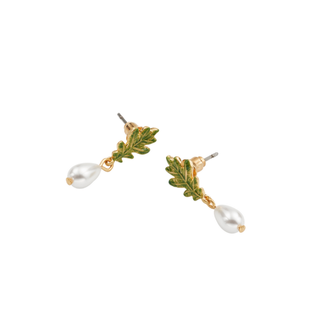 Fable England Oak Leaf Pearl Drop Gold Earrings
