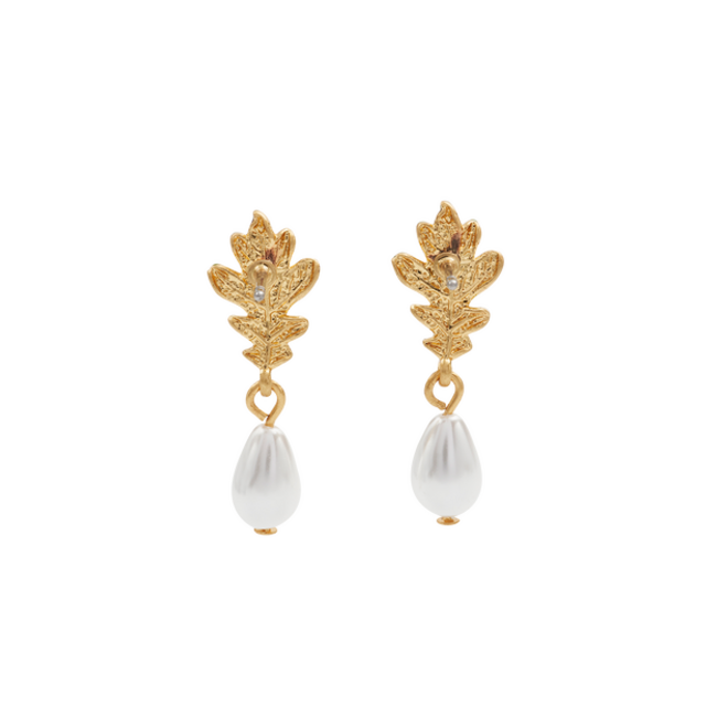 Fable England Oak Leaf Pearl Drop Gold Earrings