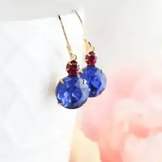 A Pocket of Posies Vintage Glass Drop Earrings - Sapphire Blue and Fuchsia