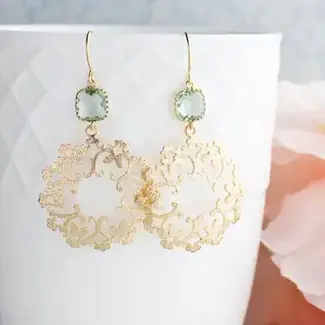 A Pocket of Posies Gold Filigree and Aqua Glass Earrings