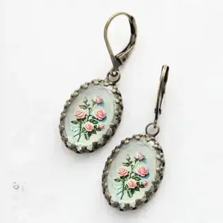 A Pocket of Posies Aqua and Pink Roses Earrings - Floral Bouquet