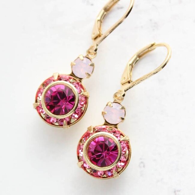 A Pocket of Posies Art Deco Floral Earrings - Hot Pink Fuchsia and Rose Opal