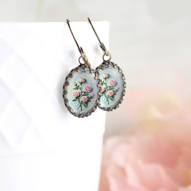 A Pocket of Posies Aqua and Pink Roses Earrings - Floral Bouquet