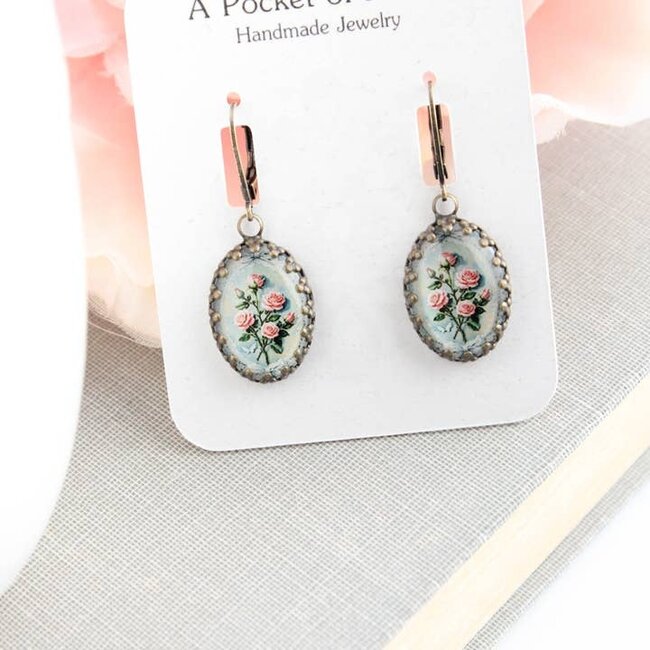 A Pocket of Posies Aqua and Pink Roses Earrings - Floral Bouquet