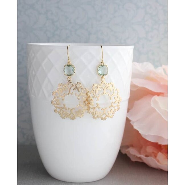 A Pocket of Posies Gold Filigree and Aqua Glass Earrings