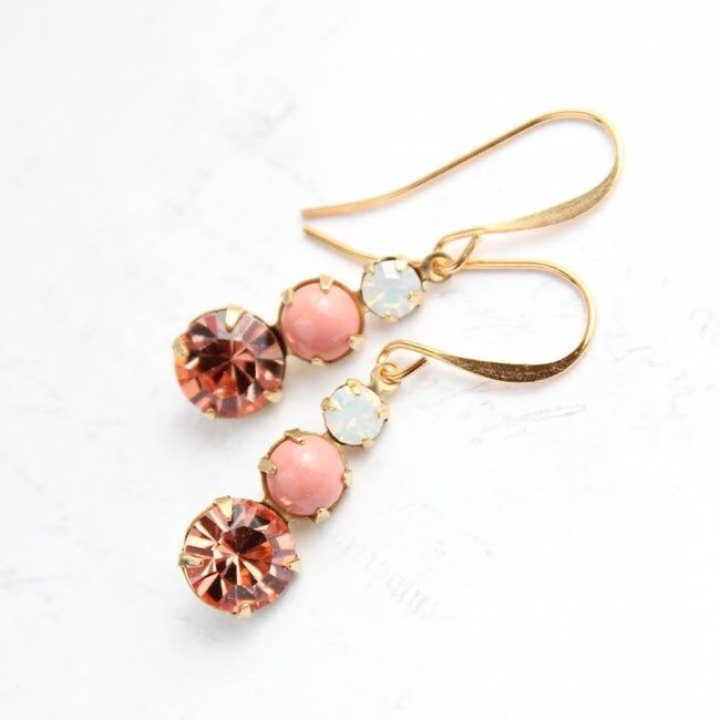 A Pocket of Posies Glass Drop Earrings - Three Jewel Coral Peach and Opal