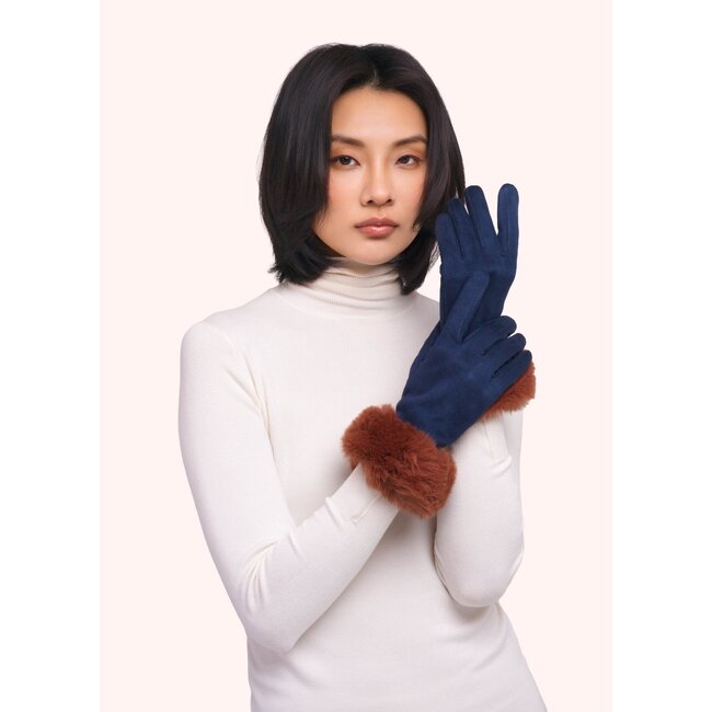 Powder Design Ltd Bettina Faux Suede/Fur Gloves in Navy