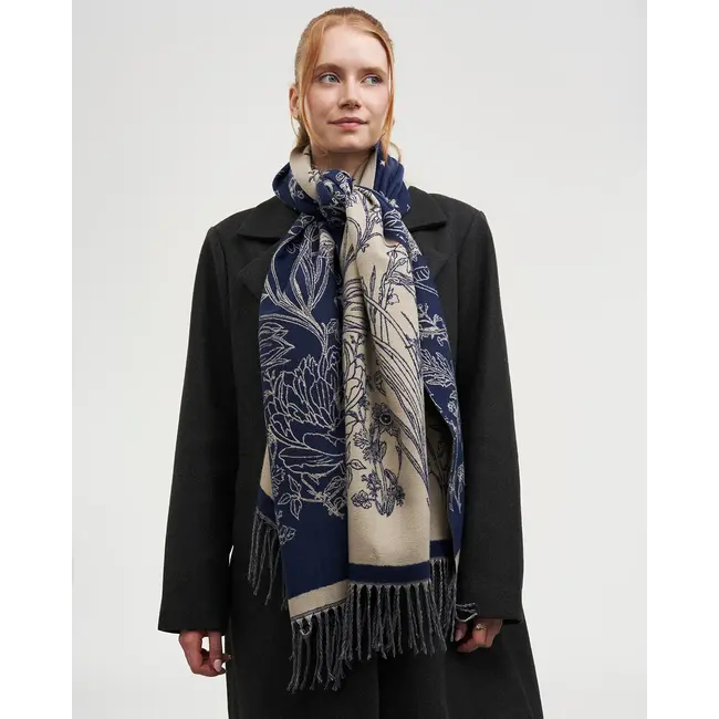 Fable England Midnight Garden Long Jacquard Scarf in Navy