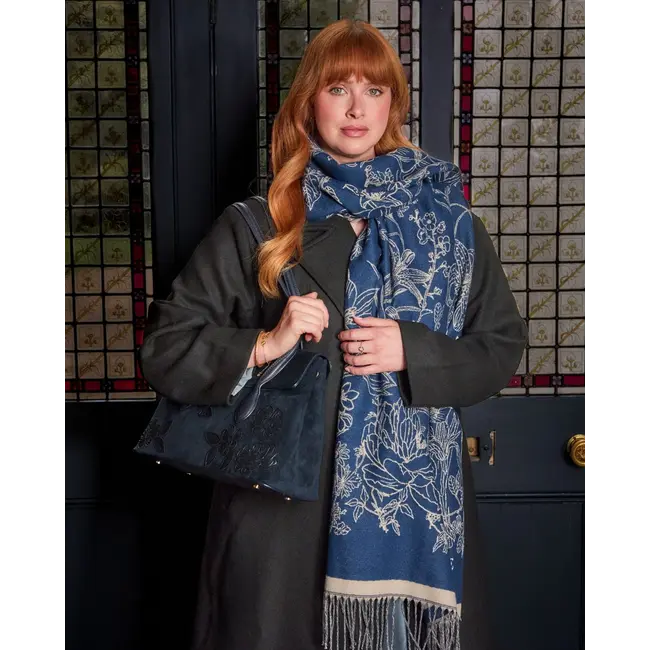 Fable England Midnight Garden Long Jacquard Scarf in Navy