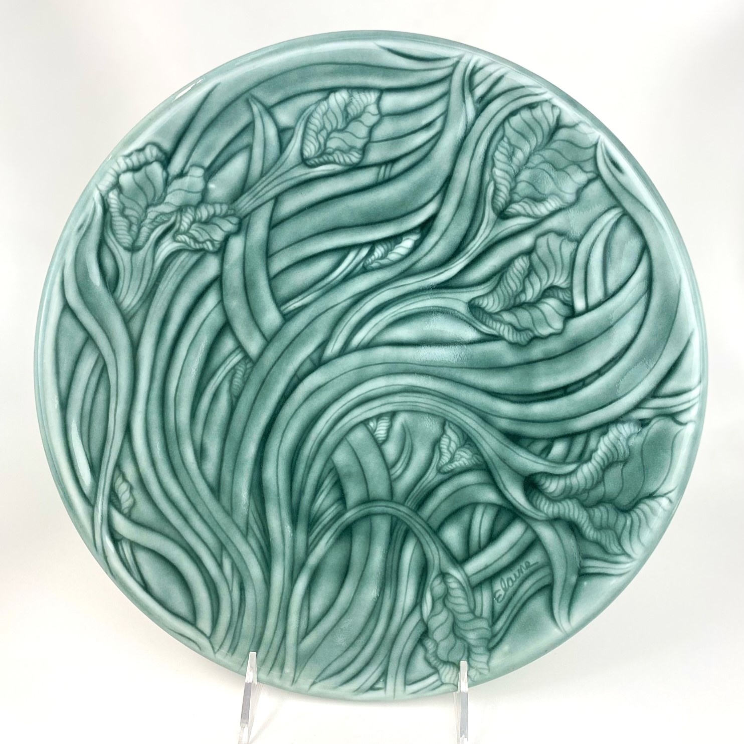 Elaine Coleman Korean Blue Leaves, Flowers Plate