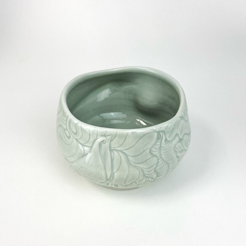 Elaine Coleman White Birds, Leaves, Flowers Tea Bowl