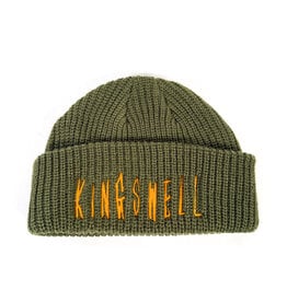 KINGSWELL Fos Script Knit Cable Fold Beanie - Olive / Yellow Swirl