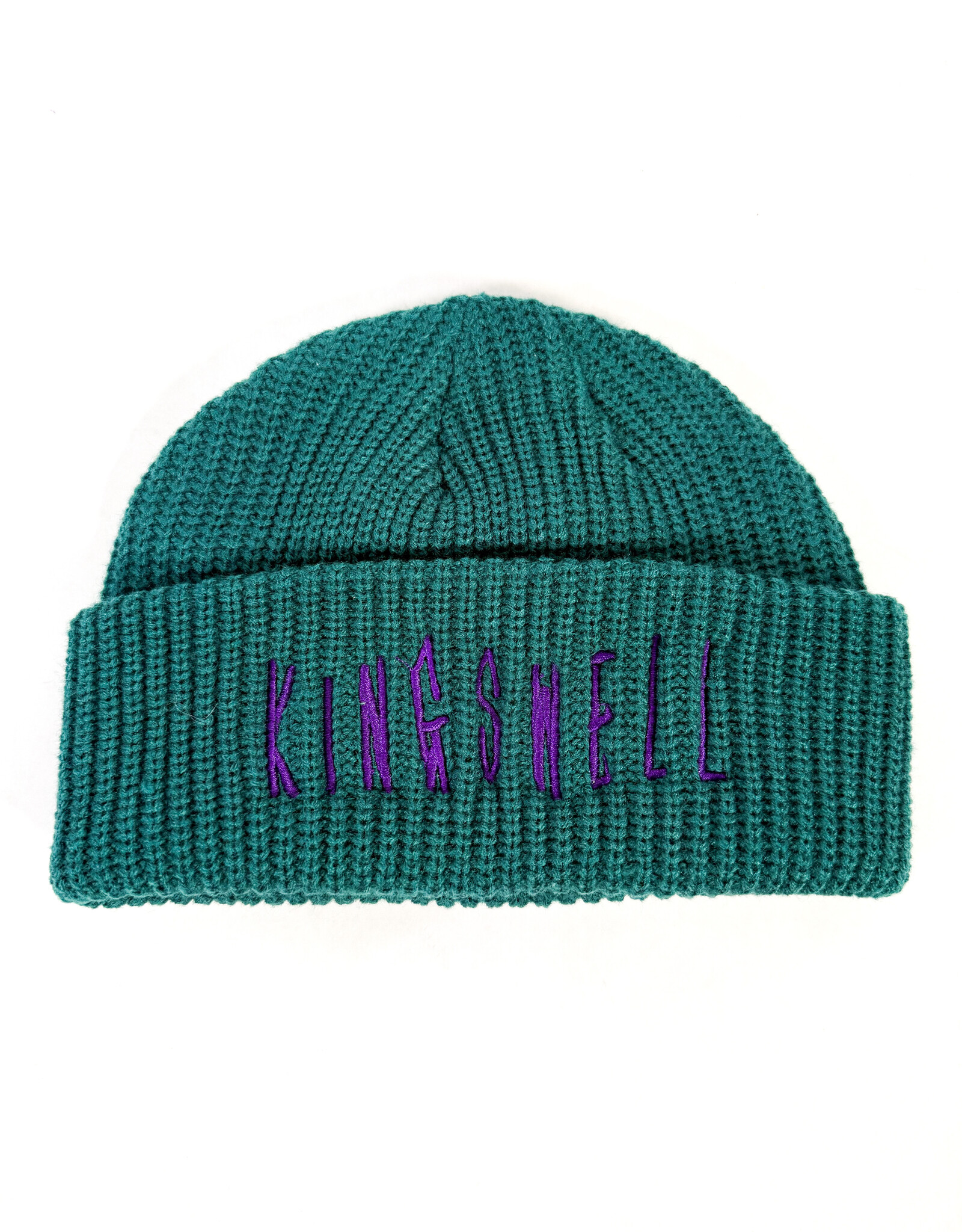KINGSWELL Fos Script Knit Cable Fold Beanie - Teal / Purple