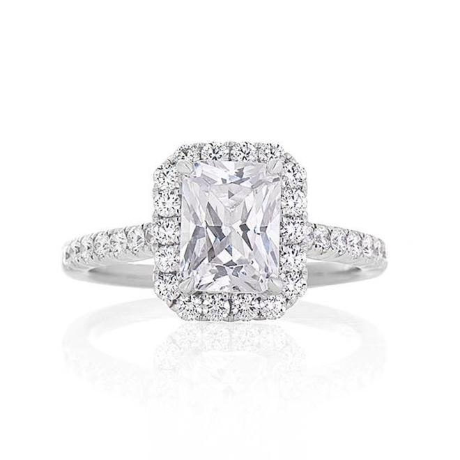 Radiant cut diamond halo engagement ring