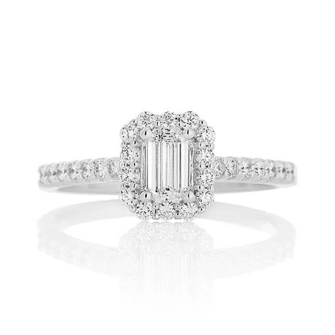Emerald cut diamond halo engagement ring