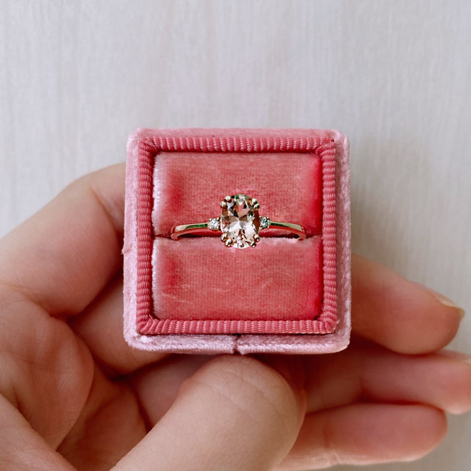 Oval cut morganite and diamond trinity ring