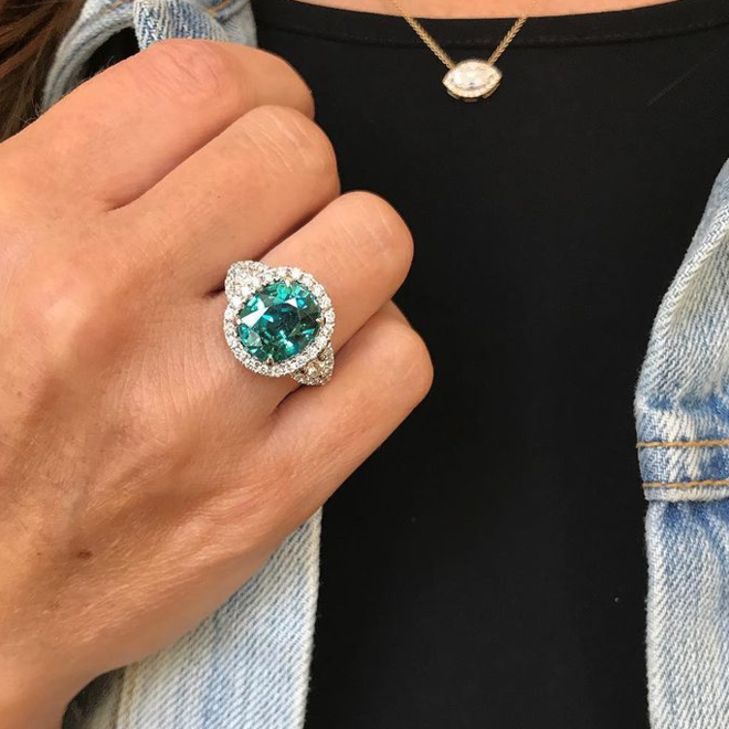 Boutique style blue zircon and diamond ring