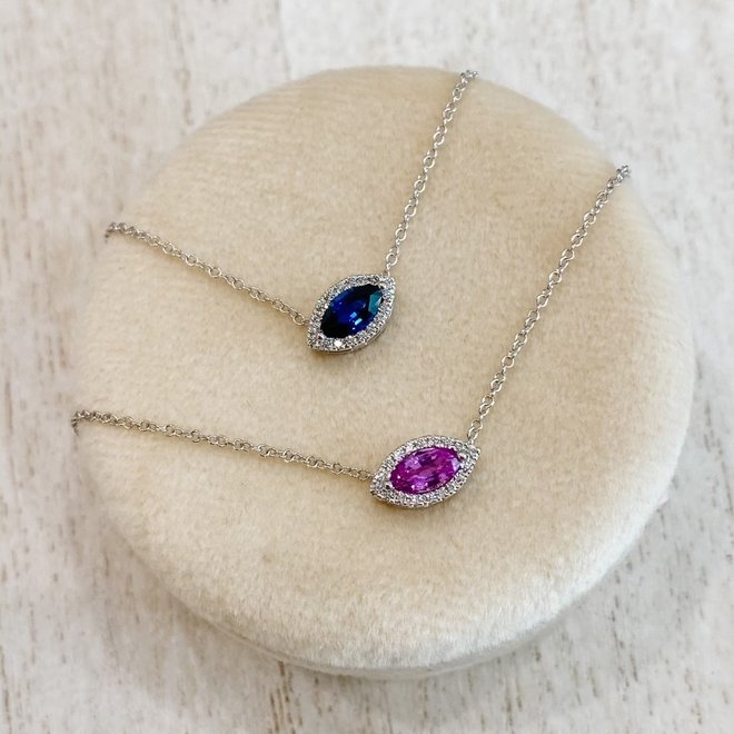 Blue sapphire and diamond halo pendant