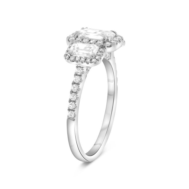 Emerald cut diamond halo ring