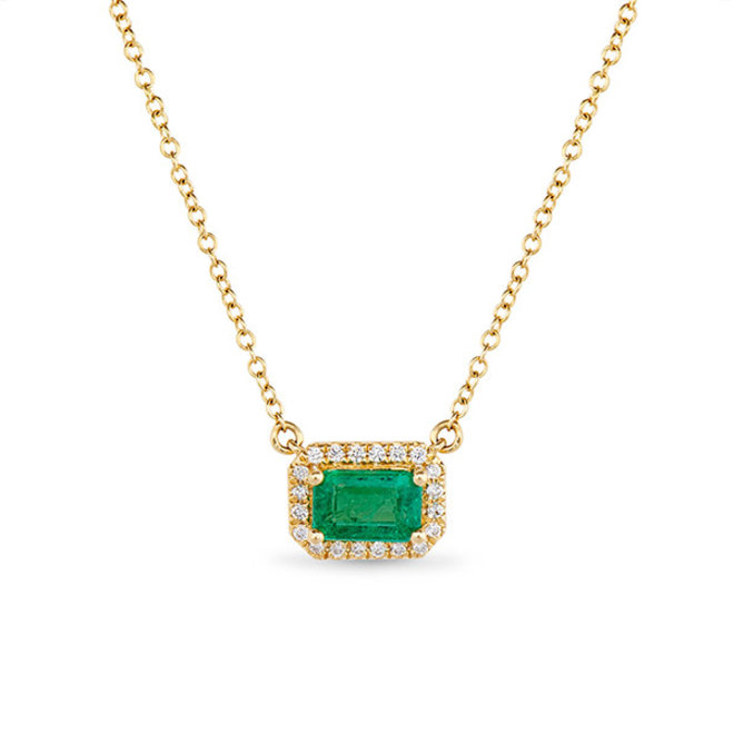 Emerald and diamond halo necklace