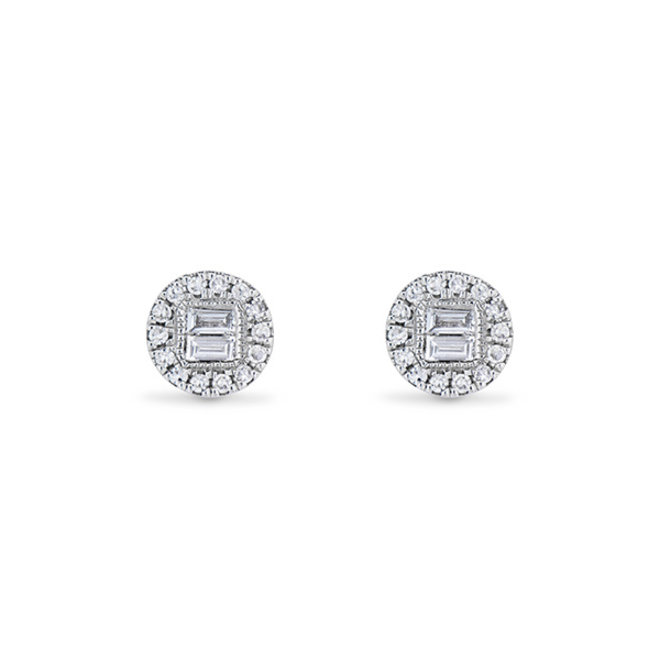 Baguette and round diamond cluster stud earrings