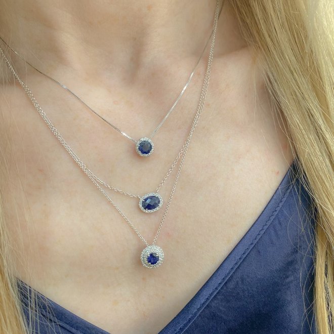 Sapphire and double diamond halo pendant