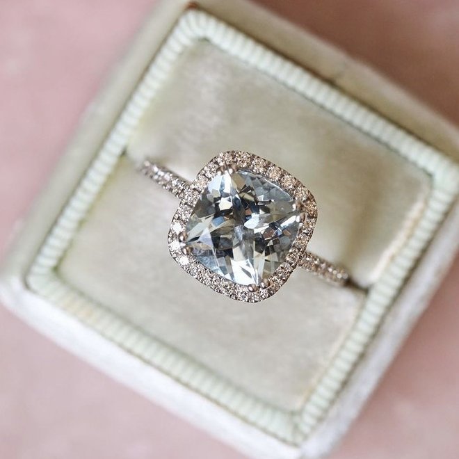 Aquamarine and diamond halo ring