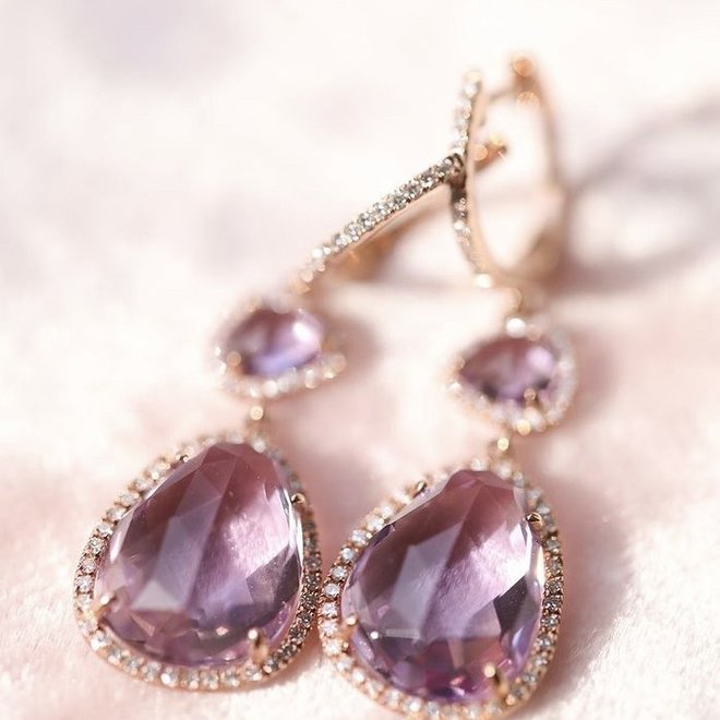 Rose gold amethyst and diamond drop earrings