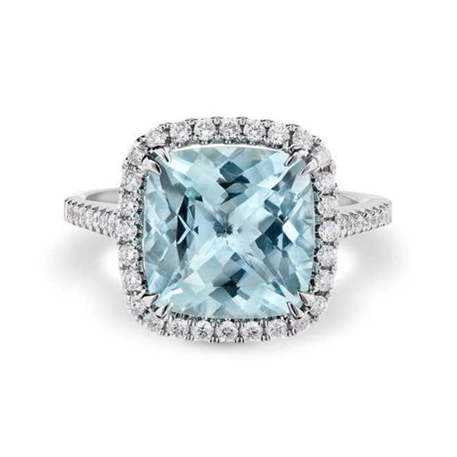 Aquamarine and diamond halo ring