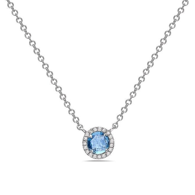 Blue topaz and diamond halo necklace