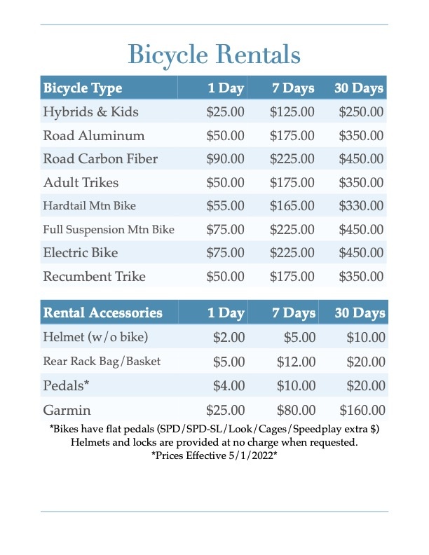 Rental Pricing Sheet
