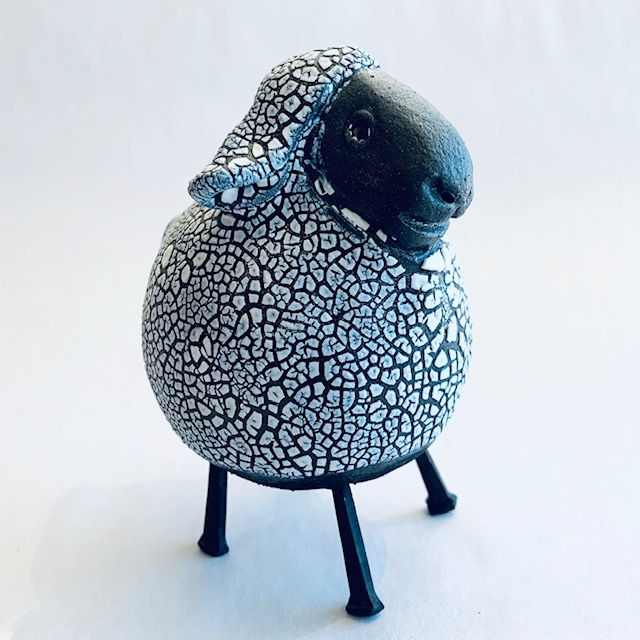 Sheep Lamb Shelf Sitter Ceramic and Real Lambs Wool 7 tall seated  whimsical