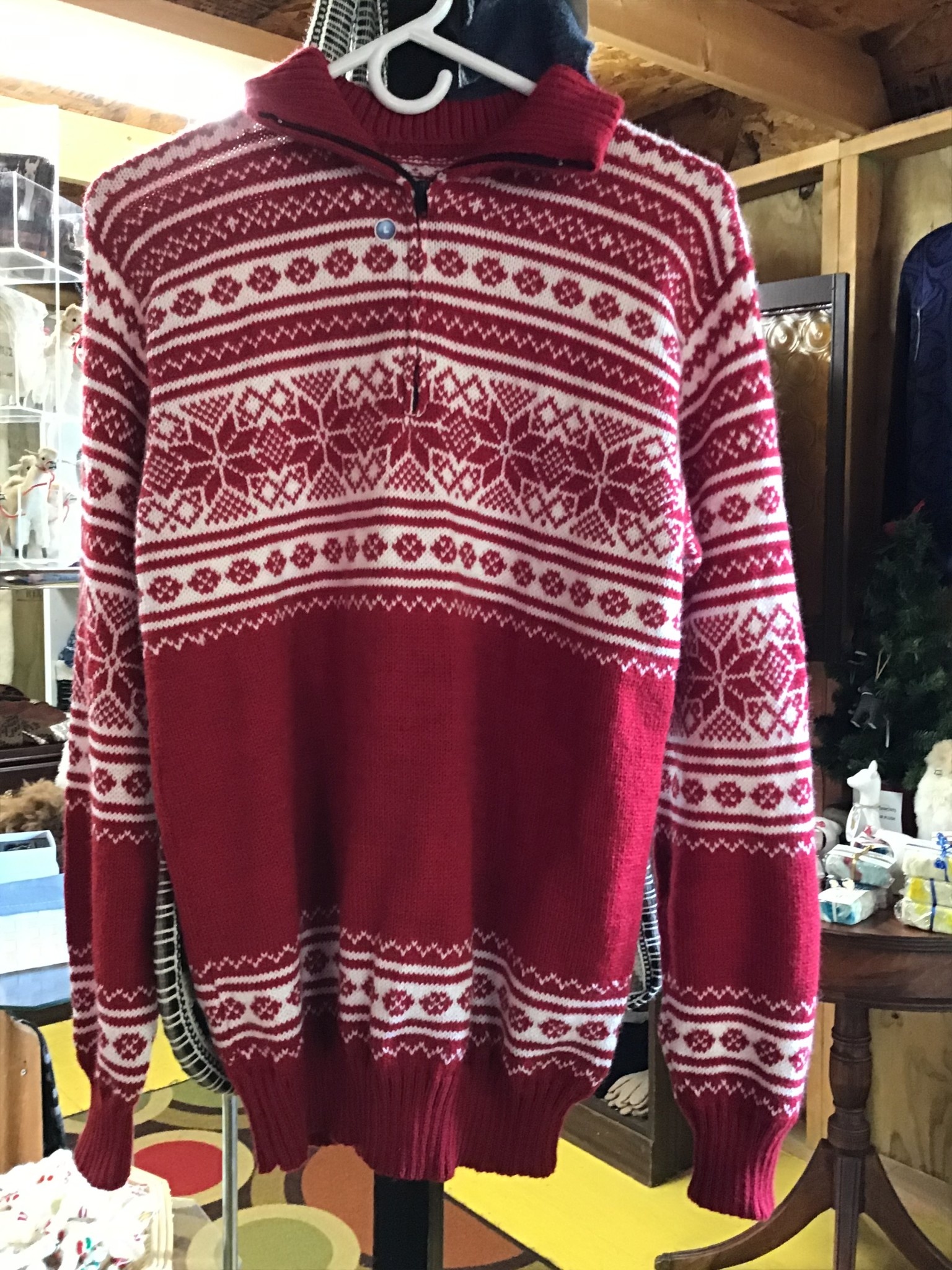 Alpaca Mall Alpaca Sweater, Red/ Wh pattern Pullover Short Zip LG