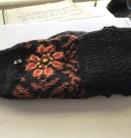 Alpaca Glittens, Black Heavy, Orange Flower Unisex