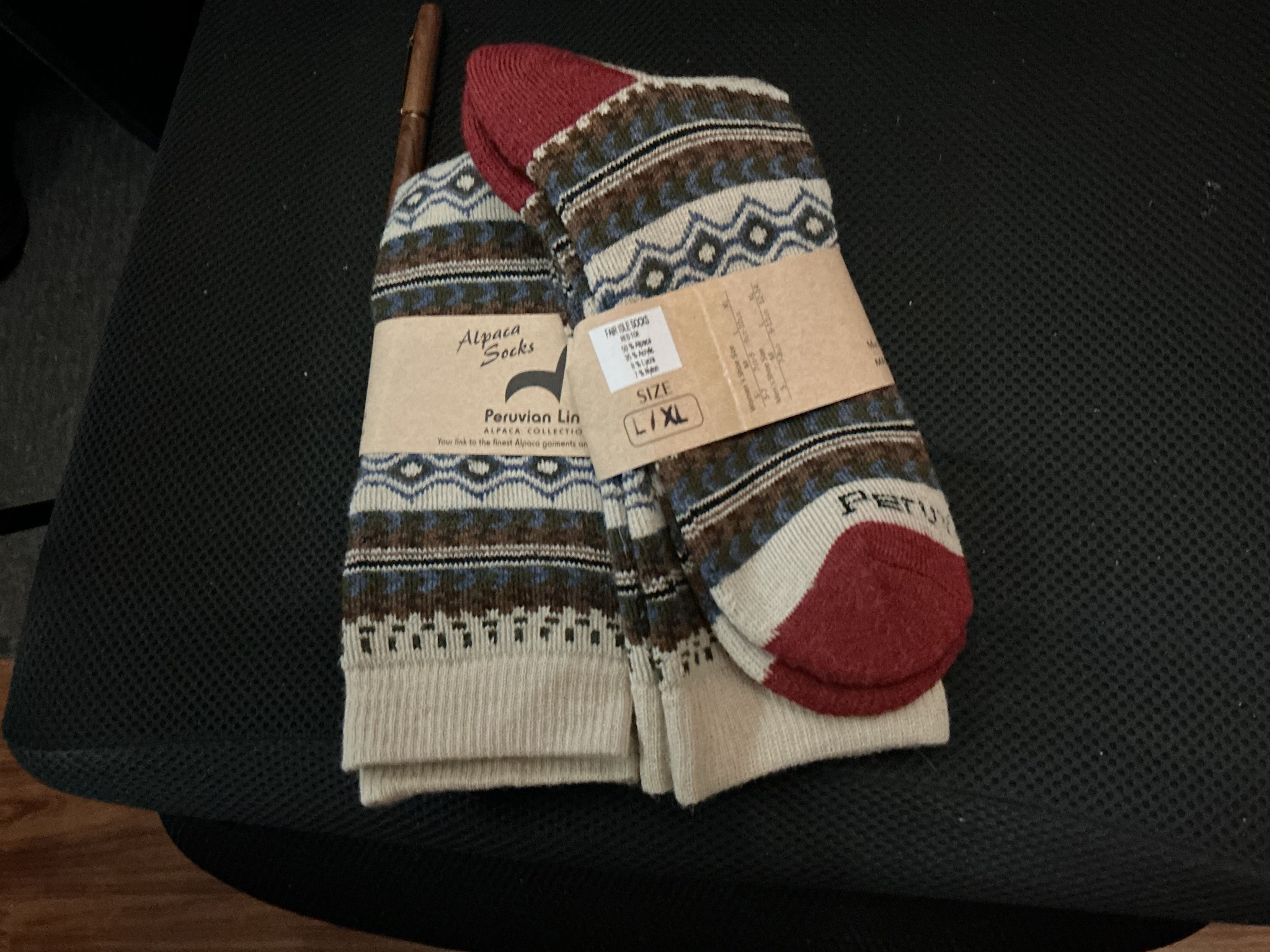 Peruvian Link Alpaca Socks Fair Isle Red Toe L/XL
