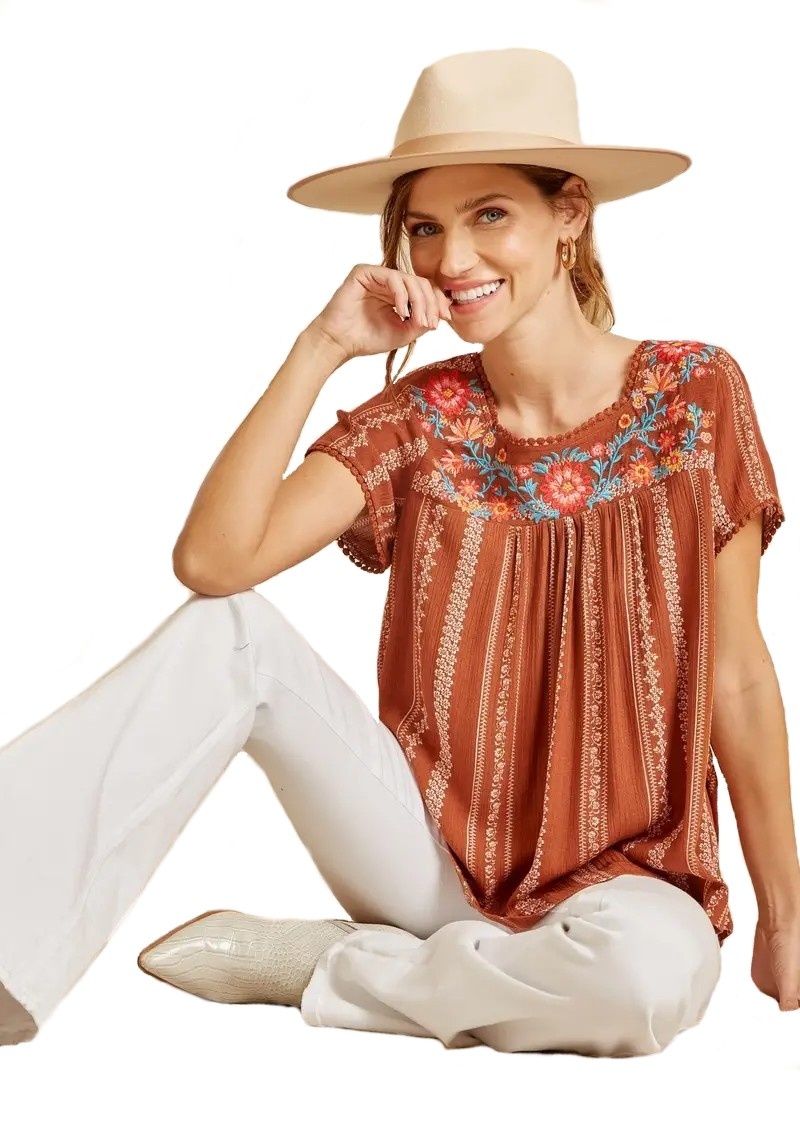 Rust Embroidered Woven Top