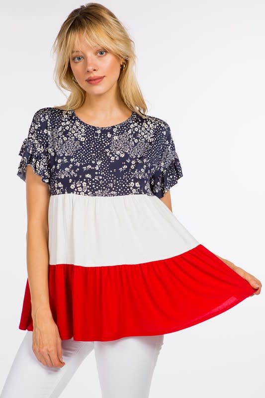 Red & White &  Blue Floral Color Block Top