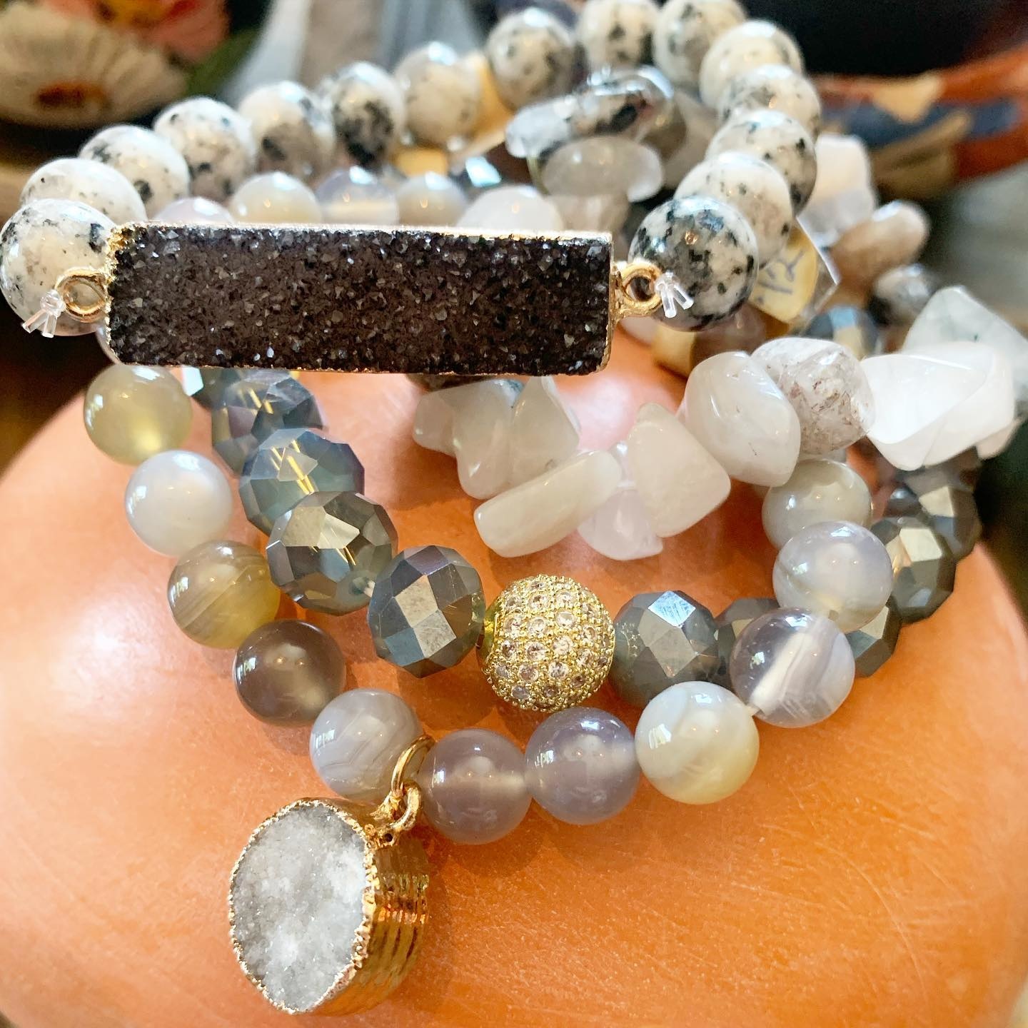 Gray Crystal and Stone Stackable Bracelets