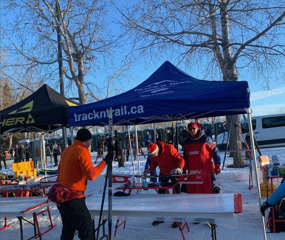 Cross-country skis being waxed in the Track 'N Trail service shop